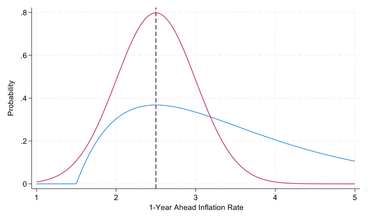 Line graph. The x-axis shows the 1-year ahead inflation rate and the y-axis shows probability. Both curves are centered around a point forecast near 2.5 percent, marked by a vertical dashed line, but they have different shapes. The red curve is relatively symmetric and concentrated around 2.5 percent. The blue curve is flatter and skewed to the right, with a longer tail toward higher inflation values, indicating greater upside risk even though the central forecast is the same.