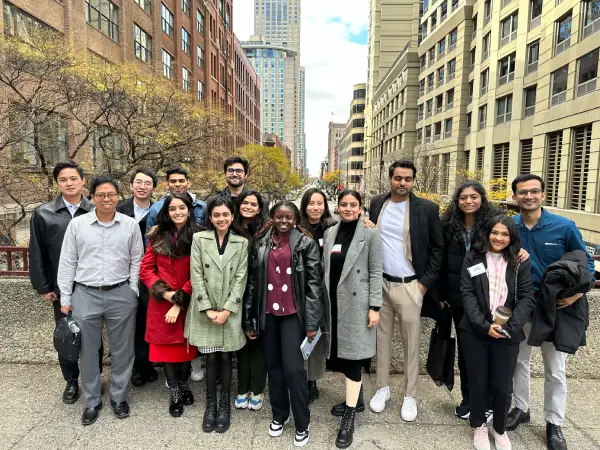 Ishita Agarwal, with Hao Chuan Lee, Chi Wu, Naga Sai Krishna Chalapati, Bhawishya Juneja, Ronak Shah, Keyuri Desai, Rohan Shah, Professor  Jinsuh Lee, Kangan Kher, Mansi Swami, Meghan Lam, Shubhi Srivastava, Marufah Akintayo and Mansha Chimnani in the heart of Chicago.