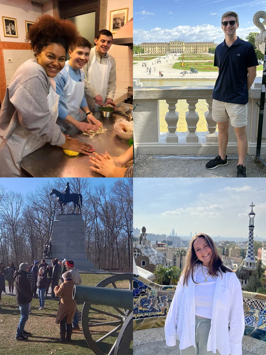 A composite of four images - three students practice cooking in Florence, a student stands in front of a palace in the Czech Republic, a tour group stands outside at Gettysburg next to a statue and a historic cannon, and a woman poses on a rooftop in Barcelona