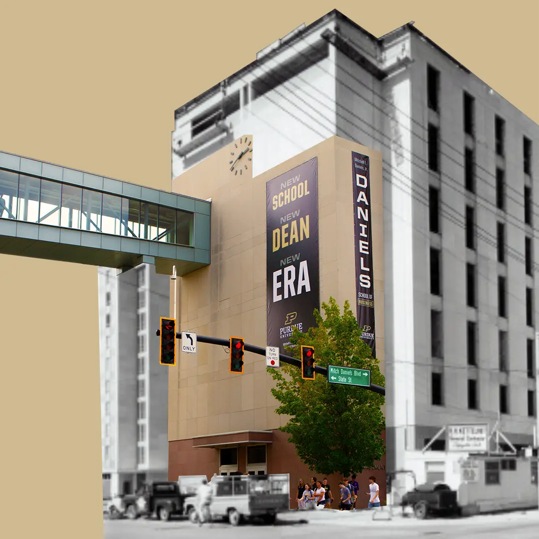 A stylized collage of two photos of the Krannert Building, during construction in 1964, and today, with banners celebrating the new school name, dean, and era