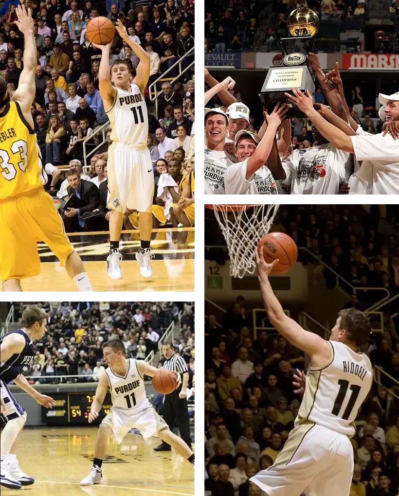 Four photos of Bobby playing on the court in his undergrad