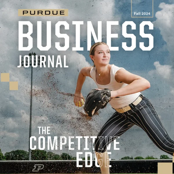 The cover of the Purdue Business Journal Fall 2024 issue featuring softball player