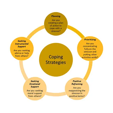 Coping Strategies Infographic that reads: Seeking Instrumental Support: Are you seeking advice or help from others? Seeking Emotional Support: Are you seeking moral support from others? Positive Reframing: Are you reappraising the stressor in positive terms? Prioritizing: Are you concentrating fully on the stressor and putting other activities aside? Planning: Are you creating a plan of action to cope with a stressor?