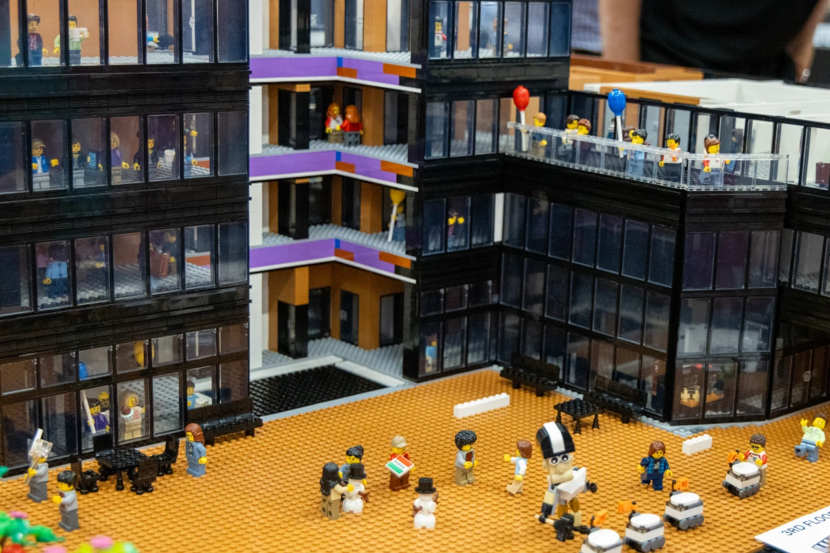 Detailed view of the LEGO model's multiple floors and figures of Boilermaker Pete, students, and faculty