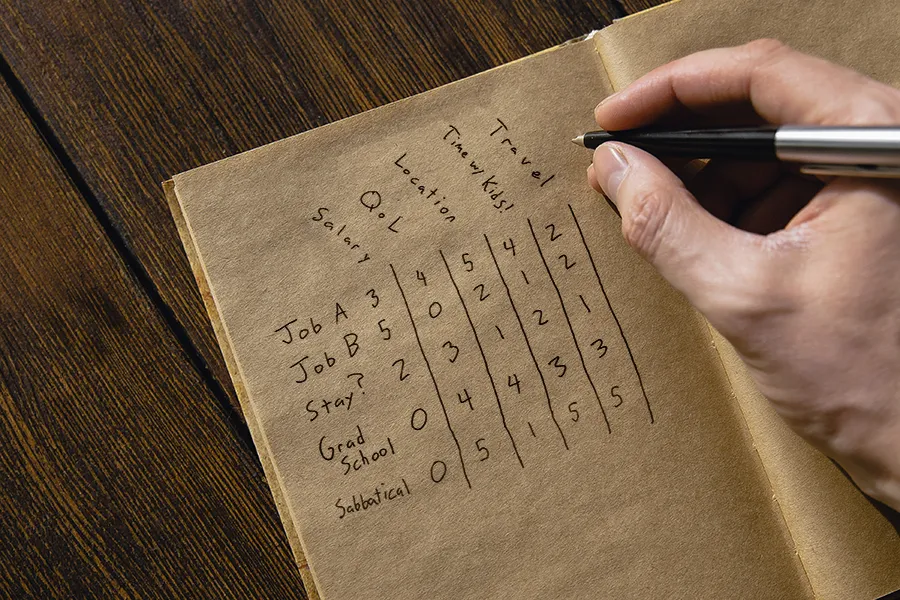 A picture of a cause and effect matrix being handwritten, which lists some of the options and things that matter mentioned above, for illustrative purposes