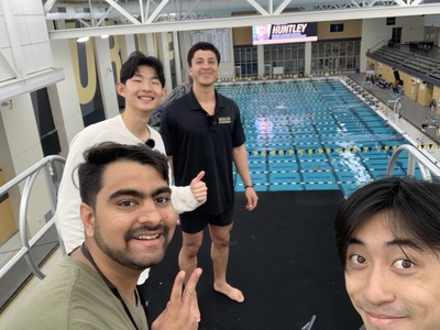 Photo of Hyun and his Boiler Ambassador friends on the Purdue diving platform.