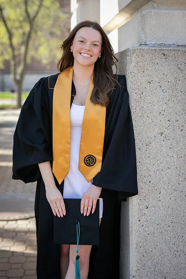 Bella on graduation day at the Purdue Bell Tower