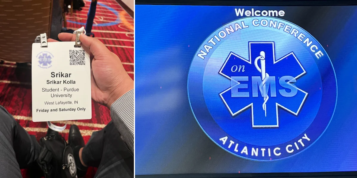 Srikar's conference badge and a welcome message displayed at the conference